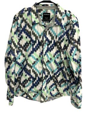 Calvin Klein Jeans Large Men Blue Mountain Geometric Button Down Shirt Indie